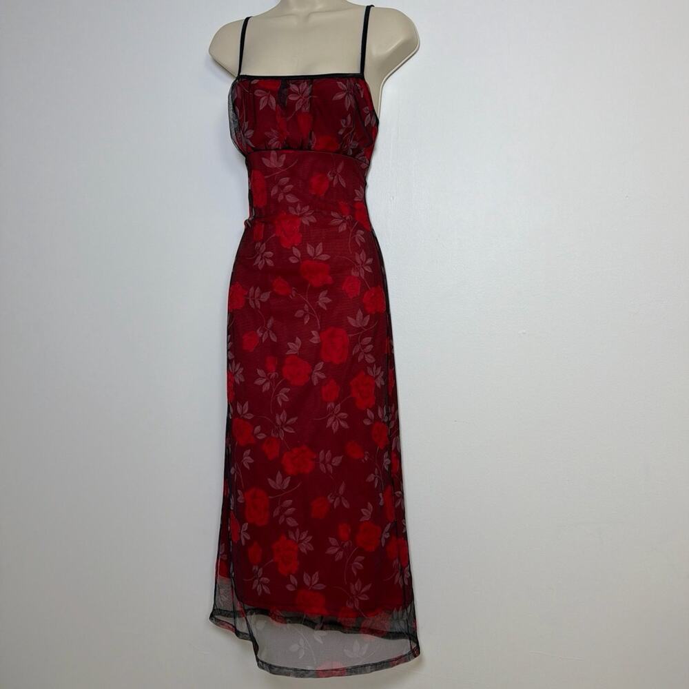 Vintage Finesse USA 90s Grunge Floral Mesh Overlay Maxi Slip Dress Size Medium
